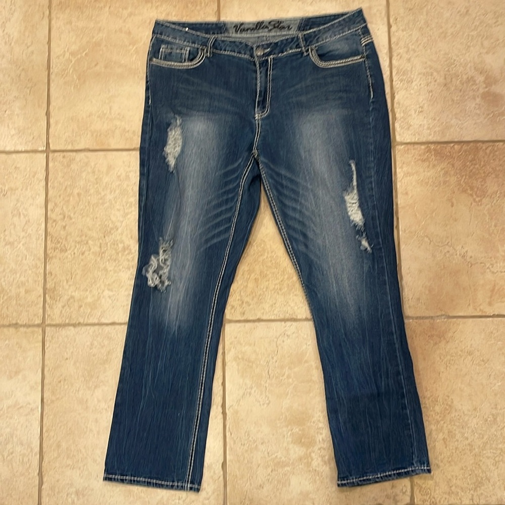 Vanilla Star Distressed, Straight Leg Jean with Decorative Stitching Plus Sz 20